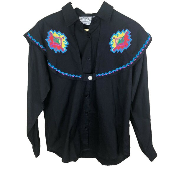 VTG 90's Western Shirt Womens Medium Side Saddle Rodeo Black Embroidered Cactus - Picture 1 of 4